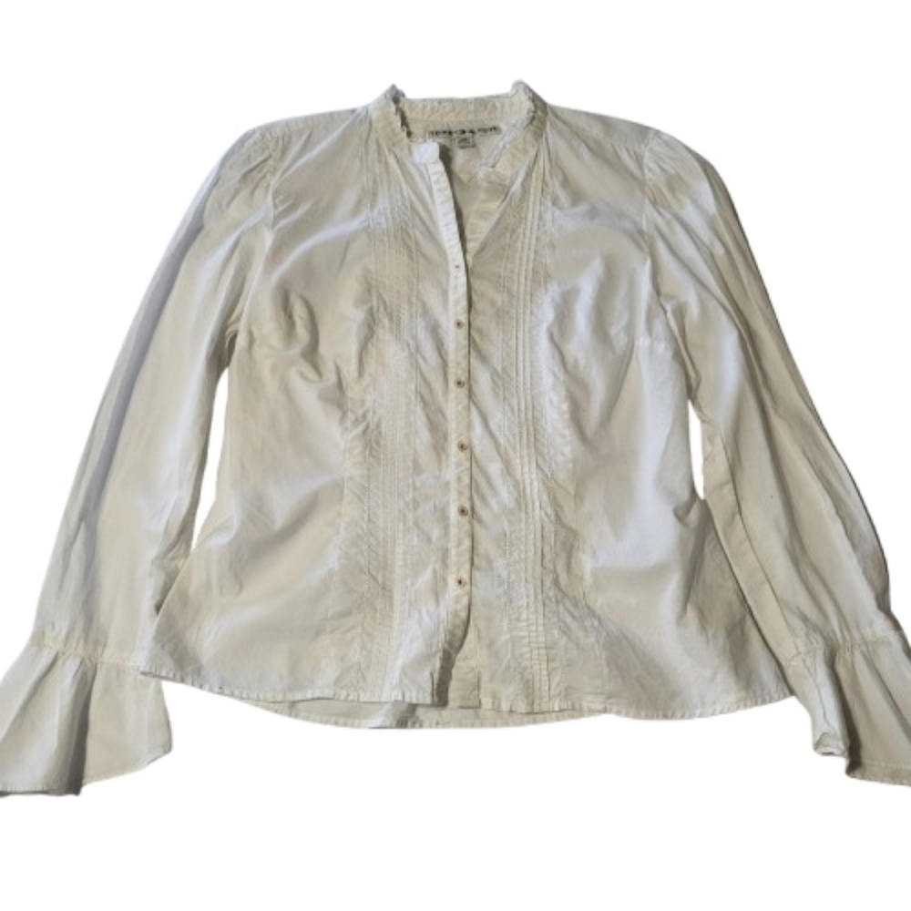 Tommy Hilfiger Pintuck Pleats Collarless Button Down Blouse White Cotton Size L‎